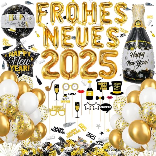 Silvester Deko 2025, mit 2025 Frohes Eues, Neujahr Deko Ballon, Silvester Foto Requisiten, Glitzer Confetti Silvester Tischdeko, Happy New Year Deko 2025, Schwarz Gold Luftballons Set von SHOWHEEL