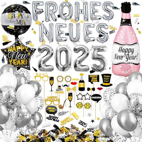 Silvester Deko 2025, mit 2025 Frohes Eues, Neujahr Deko Ballon, Silvester Foto Requisiten, Glitzer Confetti Silvester Tischdeko, Happy New Year Deko 2025, Silvesterparty Dekoration, Silber von SHOWHEEL