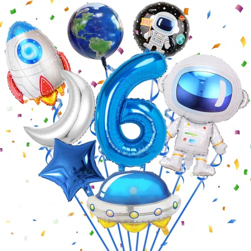 Weltraum Astronaut Folienballon,Zahl 6 Geburtstag,8 Stück Astronauten Raketen Raumschiff Stern Mond Runde Folienballons,Kinder Geburtstag Deko,Jungen Kindergeburtstag Dekorationen Party Zubehör von SHOWHEEL