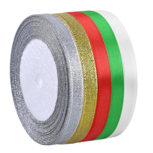 Showin 5 Rollen 10 mm x 22 Meter Weihnachtsbänder Metallic Glitzer Stoff Urlaub Festival Satinbänder für Geschenkverpackungen Dekoration von SHOWIN