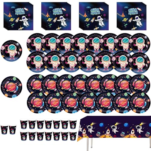 69 Pcs Party Pappteller, Cartoon-Partygeschirr, Weltraum Partygeschirr Set, Weltraum Partygeschirr einschließlich Teller, Tassen, Servietten, Tischtuch von SHRADS