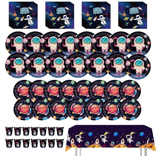 69 Pcs Party Pappteller, Cartoon Partygeschirr, Weltraum Partygeschirr Set, Weltraum Partygeschirr einschließlich Teller, Tassen, Servietten, Tischtuch von SHRADS