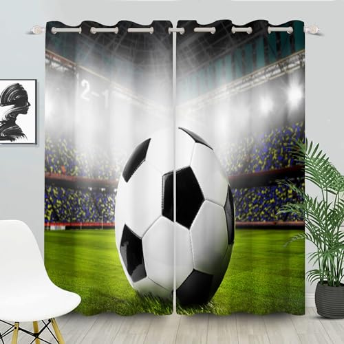 SHROUDEX Fußball Gardinen Verdunklungsgardine Kinder Jungen Fußball Sportfeld Vorhänge Verdunkelungsvorhang Kinderzimmer 3D Muster Fußball Vorhänge (1,100×140BxH (50×140cm×2)) von SHROUDEX