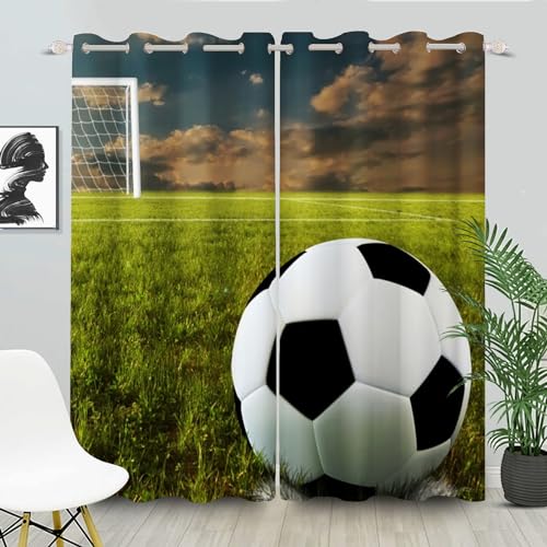 SHROUDEX Fußball Gardinen Verdunklungsgardine Kinder Jungen Fußball Sportfeld Vorhänge Verdunkelungsvorhang Kinderzimmer 3D Muster Fußball Vorhänge (7,100×140BxH (50×140cm×2)) von SHROUDEX