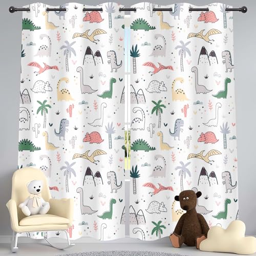 SHROUDEX Kinder Vorhang Blickdicht Thermovorhang Dinosaurier Muster Gardinen Wohnzimmer Vorhänge Dinosaurier-Vorhänge Tiere Wildtiere Dino Druck Muster Gardinen (3,183×160BxH (91.5×160cm×2)) von SHROUDEX