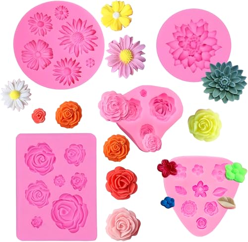 SHSHbuy 3D Blume Silikon Seifen Form,5 Stücke Blumen Fondantformen,Rosenform 3D Fondant Formen Rose Modellierform für Fudge,Schokolade,Kuchendekoration,Seife von SHSHbuy