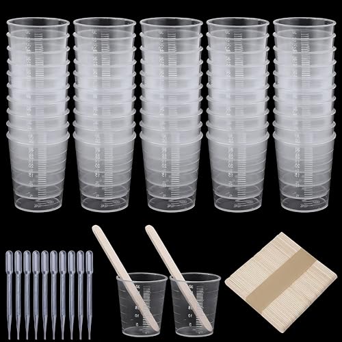 SHSHbuy 50 Stück Messbecher Set,Messbecher Mischbecher 30ml Kunststoff Mischbecher mit 50 Holzstäbchen und 50 3ml Pipette für Mischen Harz,Stain,Malerei Zubehör,Epoxidharz von SHSHbuy