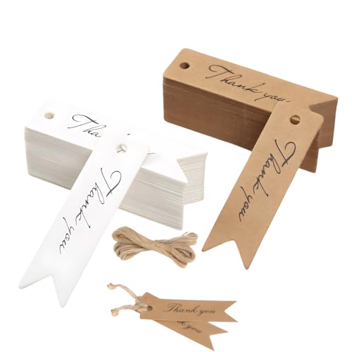 SHSHbuy Geschenkanhänger 100 Stück Geschenk Anhänger Etiketten Kraftpapier Tags Craft Card Thank You Etiketten Tags mit 10M Jute-Schnur für Hochzeit Geburtstag Weihnachten 7 * 2 cm von SHSHbuy