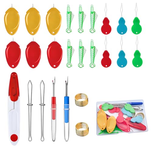 SHSHbuy Nadeleinfädler Set,25 Stück Einfädelhilfe Kit,Kunststoff Nähnadeln Einfädler,Nahttrenner Fingerhut Scherenpinzette Perlen Einfädler Werkzeug Für DIY Näharbeiten Basteln von SHSHbuy