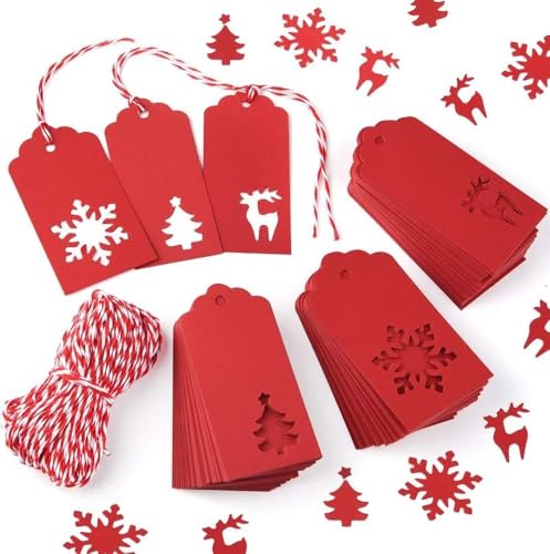 SHSHbuy Weihnachten Etiketten Anhänger,150 Stück Geschenkanhänger Kraftpapier Etiketten Tags Karten mit 20M Rotes Seil für Weihnachten Geschenke zum Handgemachte Arbeit 9,5x5cm von SHSHbuy