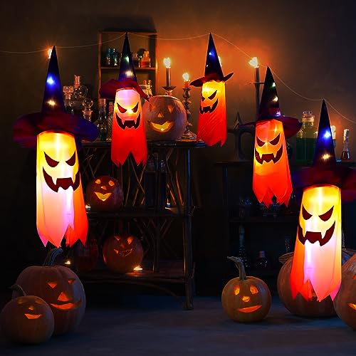 5 Halloween Lichterkette Geister, 3 Meter Halloween Lichterkette Outdoor, 50 LED Hängende Geister Geist Deko, Orangefarbene Halloween Deko Geister LED mit Batteriebetrieb, für Halloween-Partys von SHTALHST