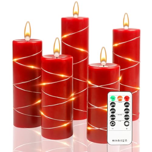 LED-Kerzen mit Timerfunktion und Lichterketten - 5 Set mit echten Kerzenhüllen und realistischem Flammeneffekt inklusive Fernbedienung , Festliche Wohnkultur, Weihnachts- und Adventsdekoration (Rot) von SHTALHST