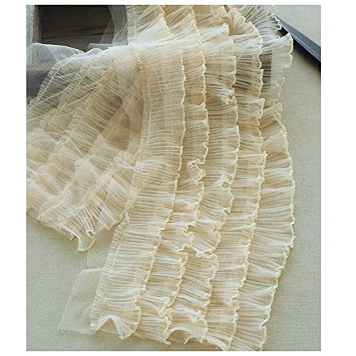 SHTGOI 1 Meter 5 Schichten Plissiertes Chiffon Rüschen Trim Band Tüll Spitze Chiffonband Handarbeit Chiffon Spitzenbesatz für Kleid Kragen Manschetten Nähen DIY Handwerk Applikationen Beige von SHTGOI