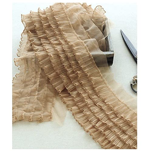 SHTGOI 1 Meter 5 Schichten Plissiertes Chiffon Rüschen Trim Band Tüll Spitze Chiffonband Handarbeit Chiffon Spitzenbesatz für Kleid Kragen Manschetten Nähen DIY Handwerk Applikationen Khaki von SHTGOI