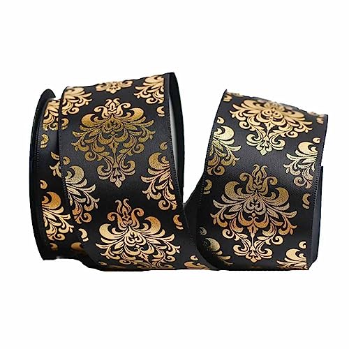 SHTGOI 1 Rolle 10 Yards Satinband Schwarz Gold Geschenkband Glitzer Heißprägung Polyesterband Weihnachtsbänder 8 Stile Dekoband für Heimwerker Dekoratives Handwerk Geschenkverpackung Scrapbook 3# von SHTGOI