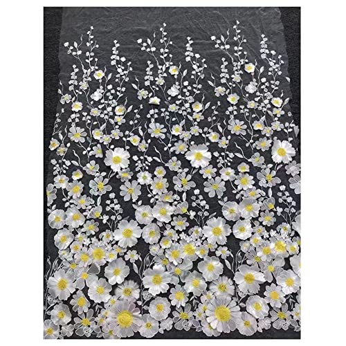 SHTGOI 1 Yard 3D Blumen Bestickte Spitzenstoff 125 cm Breite Tüll Spitze Stoff Stickereistoff Netzstoff für Nähen Kleid Braut Hochzeitskleid Hochzeit Party Dekoration Heimdekoration Hellgelb von SHTGOI