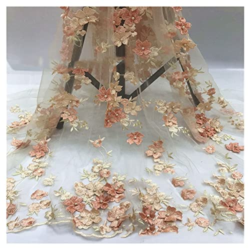 SHTGOI 1 Yard 3D Blumen Bestickte Tüll Spitze Stoff Stickereistoff mit Vier Kleeblättern Netzstoff für DIY Nähen Handgefertigte Kleidung Hochzeitskleid Heimdekoration 129,5 cm Breit Orange von SHTGOI