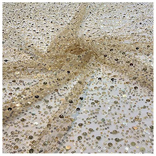 SHTGOI 1 Yard Pailletten Perlenrohr Netz Tüll Stoff 125 cm Breit Paillettenstoff Glitzernder Stickerei Mesh Netzstoff Stickereistoff Polsterstoff für DIY Kleidung Nähen Heimdekoration Champagner von SHTGOI