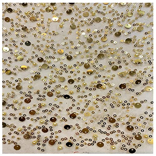 SHTGOI 1 Yard Pailletten Perlenrohr Netz Tüll Stoff 125 cm Breit Paillettenstoff Glitzernder Stickerei Mesh Netzstoff Stickereistoff Polsterstoff für DIY Kleidung Nähen Heimdekoration Gold von SHTGOI