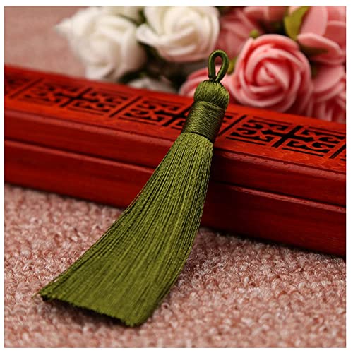 SHTGOI 10 Stück 8 cm Quasten Handgemachte Troddel Anhänger Fransen mit Ice Silky Kordel Schlaufen Floss Lesezeichen Quasten Tassel für Schmuck Souvenir DIY Kleidung Handwerk Zubehör Armeegrün von SHTGOI