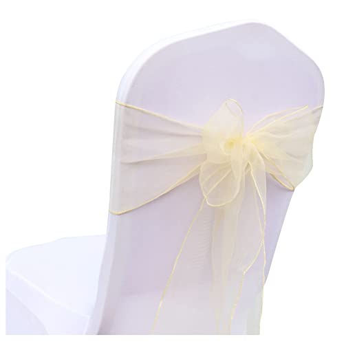 SHTGOI 10 Stück Organza Stuhl Schärpen Schleifen Bänder Stuhlhusse Tüll Stuhlschleifen Stuhlschärpe für Hochzeit Geburtstag Party Empfang Bankette Dekoration 18 x 275 cm Champagner von SHTGOI