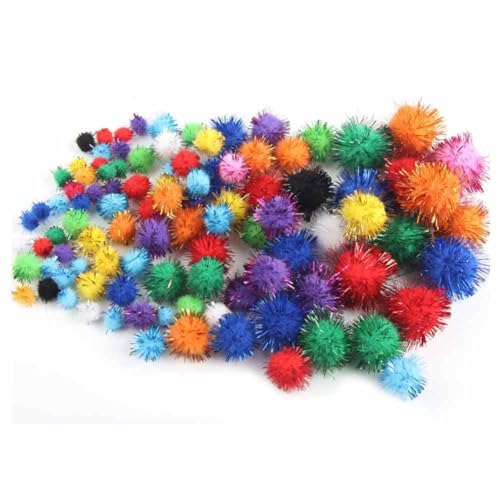 SHTGOI 100pcs Pompons zum Basteln Mini 1.5CM Glitzernde Bälle Flauschige Bommeln mit Bling Pailletten/Lametta Interaktives Katzenbälle Pompons Bälle Deko für Mützen Schuhe Schals und Taschen von SHTGOI