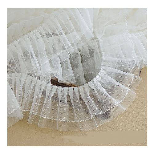 SHTGOI 1Yard Spitzenband Doppelt Tüll Spitzenbordüre mit Gepunktetes Plissiertes Organza Stoffbesatz Punkte Rüschenborte für DIY-Handwerk, Dekoration, handgefertigter Kragen Weiß von SHTGOI