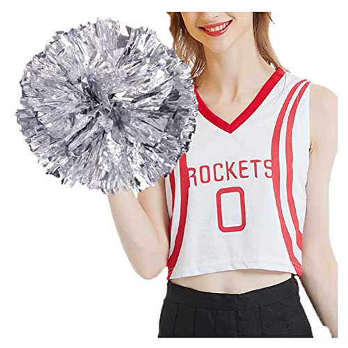 SHTGOI 2 Stück Cheerleading Pompons Metallfolie Cheerleading Pom Poms mit Ring Cheerleader Handblumen Cheers Blumenball für Sportveranstaltungen Ballspiele Tänze Karnevalspartys Silber von SHTGOI