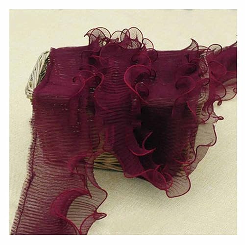 SHTGOI 2 Yards Organza Rüschenband 3 Schichten Plissiertes Tüll Spitzenband 14cm Breit Elastisches Stoff Spitzenbesatz Rüschen Chiffonband für Handwerk Nähen Hochzeitskleid Dekor Tief Fuchsienrot von SHTGOI