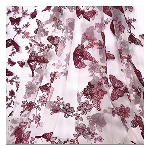 SHTGOI 3D Schmetterling Blumen Bestickte Tüll Spitze Stoff 130 cm Breit Stickerei Mesh Netzstoff Spitzenstoff für DIY Kleidung Hochzeit Schleier Vorhang 3 Yard Apricot + Rot Schmetterlinge von SHTGOI