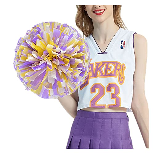 SHTGOI 4 Stück Cheerleading Pompoms Cheerleader Pom Poms Handblumen mit Ring Hell Handgekurbelter Blumenball für Sportwettbewerb Urlaub Feiern Tänze Karnevalspartys Lila+Gelb+Weiß von SHTGOI