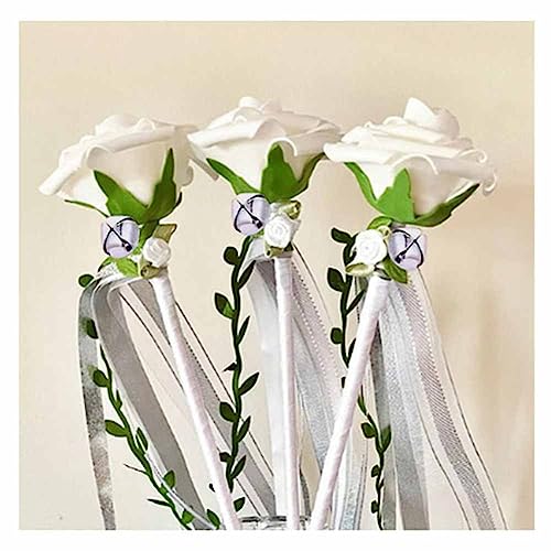 SHTGOI 5 Stück Wedding Wands Rose Hochzeitsbänder Zauberstäbe mit Baum-Rebe und Glocken Spitze Stäbe Glücksstäbe Seidenfeenstab Ribbon Feenstäbe für Hochzeit Weihnachten Geburtstag Party Weiß von SHTGOI