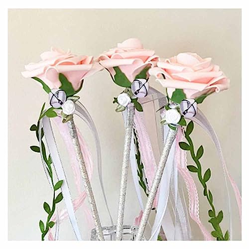 SHTGOI 5 Stück Wedding Wands Rose Hochzeitsbänder Zauberstäbe mit Baum-Rebe und Glocken Spitze Stäbe Glücksstäbe Seidenfeenstab Ribbon Feenstäbe für Hochzeit Weihnachten Geburtstag Party Rosa von SHTGOI