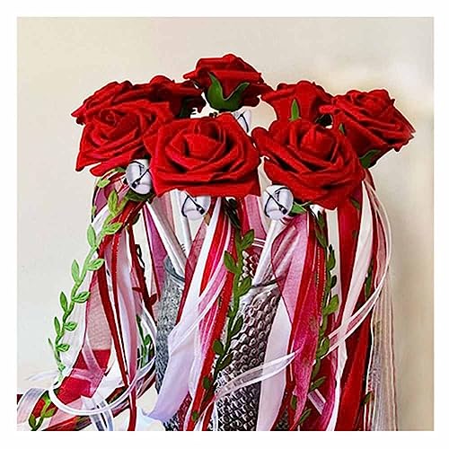 SHTGOI 5 Stück Wedding Wands Rose Hochzeitsbänder Zauberstäbe mit Baum-Rebe und Glocken Spitze Stäbe Glücksstäbe Seidenfeenstab Ribbon Feenstäbe für Hochzeit Weihnachten Geburtstag Party Rot von SHTGOI