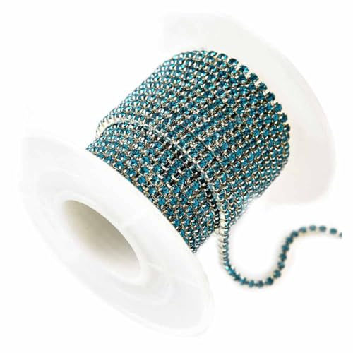 SHTGOI 5 Yards/Rolle Strass Kette Eins Reihen Kristall Strassband 2mm Silberunterseite Klaue Kette Strassstreifen Meterware Kristall Kette Deko für DIY Handwerk Kleidung Hochzeit Party Pfauenblau von SHTGOI