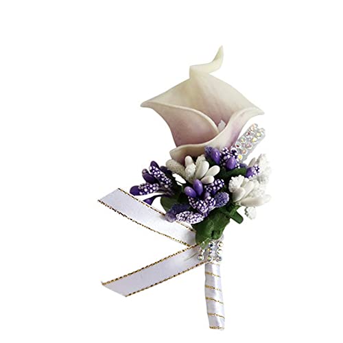 SHTGOI Calla Lily Boutonniere Künstlicher Blumenstrauß Strass Brosche Handgefertigte Ansteckblume mit Sicherheitsnadel Blume Corsagen Hochzeit Zubehör für Braut Bräutigam Weiß Lila von SHTGOI