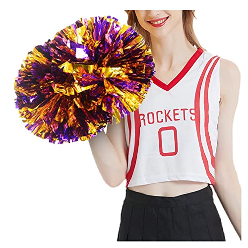 SHTGOI Cheerleading Pompons 2 Stück Metallic-Folie Cheerleading Pom Poms mit Handle Cheerleader Handblumen Cheers Blumenball für Sportveranstaltungen Ballspiele Tanzbedarf Lila+Gold von SHTGOI