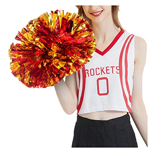 SHTGOI Cheerleading Pompons 2 Stück Metallic-Folie Cheerleading Pom Poms mit Handle Cheerleader Handblumen Cheers Blumenball für Sportveranstaltungen Ballspiele Tanzbedarf Rot+Gold von SHTGOI