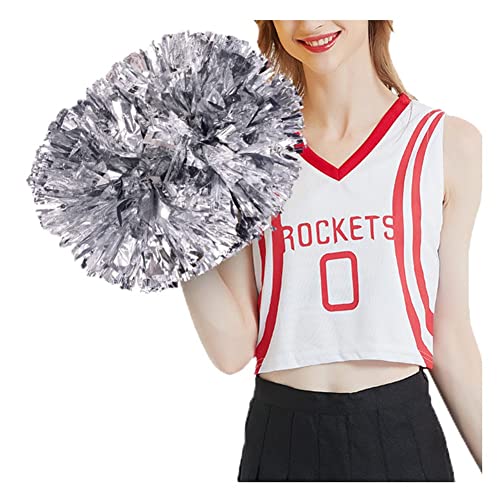 SHTGOI Cheerleading Pompons 2 Stück Metallic-Folie Cheerleading Pom Poms mit Handle Cheerleader Handblumen Cheers Blumenball für Sportveranstaltungen Ballspiele Tanzbedarf Silber von SHTGOI