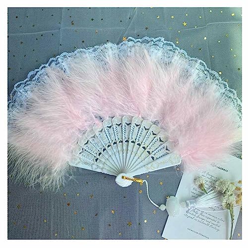 SHTGOI Damen Federfächer Bunt Handfächer Vintage Handheld Feather Fan Klappfächer mit Spitze Rand und Quastenanhänger für Kostüm Halloween Tanzshow Tee Party Hochzeit Deko zweiseitige Feder Rosa3# von SHTGOI