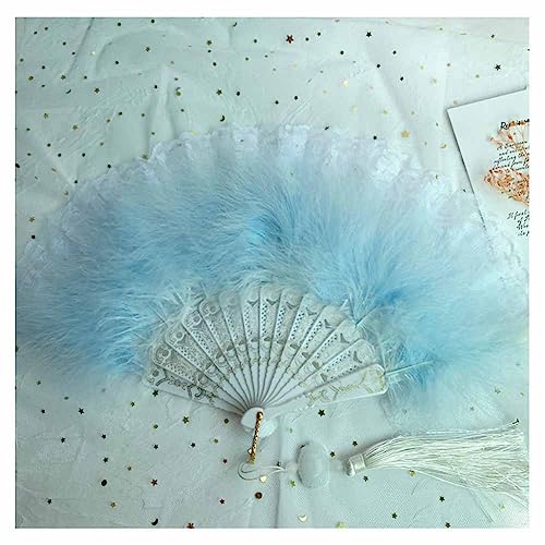 SHTGOI Damen Federfächer Bunt Handfächer Vintage Handheld Feather Fan Klappfächer mit Spitze Rand und Quastenanhänger für Kostüm Halloween Tanzshow Tee Party Hochzeit zweiseitige Feder Himmelblau5# von SHTGOI