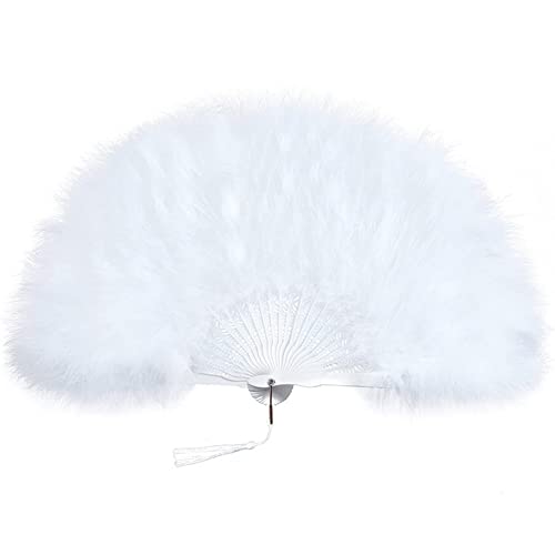 SHTGOI Federfächer Vintage Faltbarer Handfächer Mit Quasten Elegante Tanz-Handfächer Damen Feder Fächer Faltfächer für Mottoparty Hochzeit Abschlussball Weiss von SHTGOI