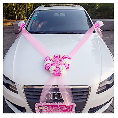 SHTGOI Hochzeitsauto Blume Dekorationsset mit Herz Blumendekoration Brautwagen Bouquet Hochzeitszubehör Organza Autodeko Girlande Hochzeit Autoschmuck Romantische Hochzeitsdekoration Rosa von SHTGOI