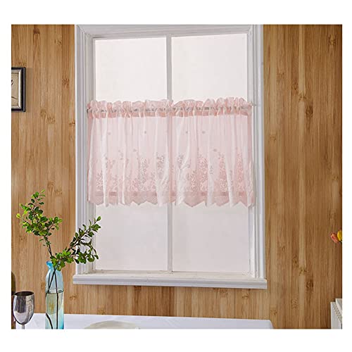 SHTGOI Kurze Vorhänge 130 x 41cm Vintage Kaffee Vorhang Spitze Stickerei Kurzgardine Halbtransparent Gardinen Voile Kurzstore Bistrogardine Scheibengardinen für Küchen Schlafzimmer Rosa von SHTGOI