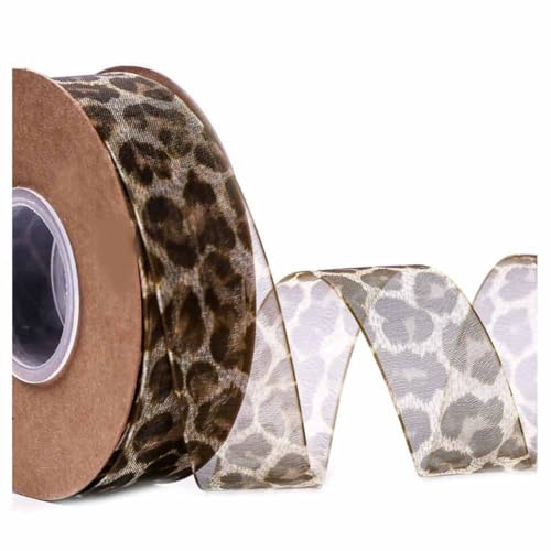 SHTGOI Leopardenmuster Organzaband 10 Yards/Rolle Tierdruck Chiffonband Schleifenband Leopard Print Organza Geschenkband Dekoband Weiches Transparentes Band für Basteln,Nähen,Geschenkpackung 25mm von SHTGOI