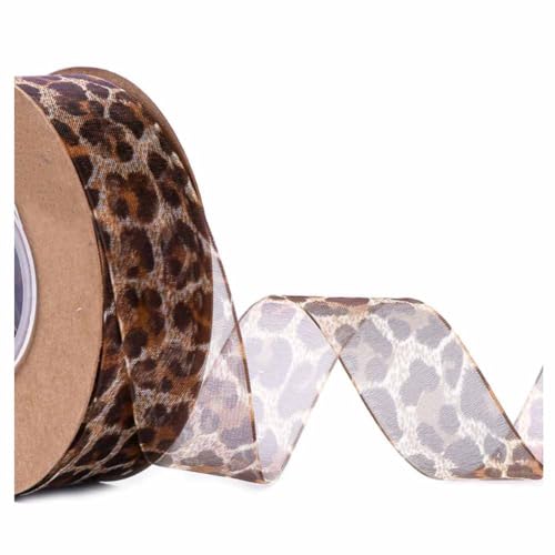 SHTGOI Leopardenmuster Organzaband 10 Yards/Rolle Tierdruck Chiffonband Schleifenband Leopard Print Organza Geschenkband Dekoband Weiches Transparentes Band für Basteln,Nähen,Geschenkpackung 25mm von SHTGOI