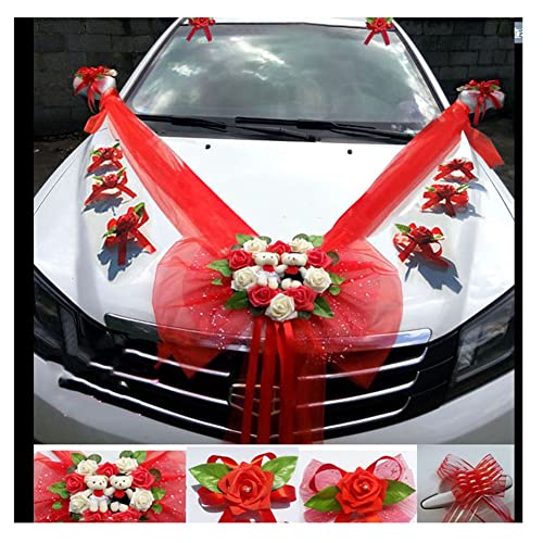 SHTGOI Organza Schleife Autoschmuck Set Brautwagen Girlande Dekoration Tüll Schleife Hochzeitsauto Hochzeitsdekoration Hochzeit Autoschleife Blumenschmuck für Party Türgriff Ornament Rot von SHTGOI