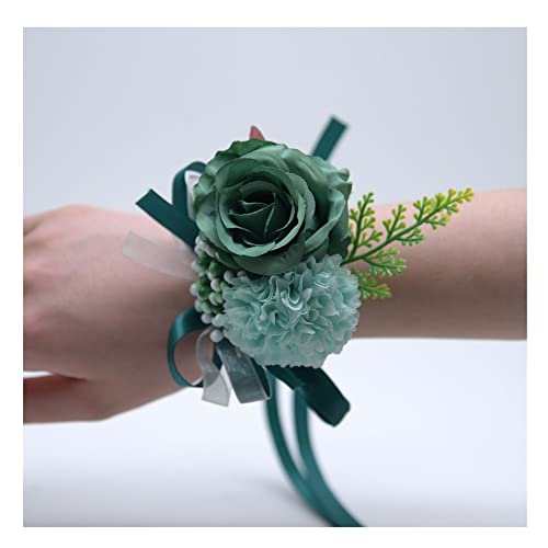 SHTGOI Rose Blumenarmband Braut Brautjungfer Hand Blume Schleifenband Handgelenkblume Handgefertigte Seidenblume Armband Zubehör für Hochzeit Bankette Brautjubiläum Abschlussball Dunkelgrün von SHTGOI