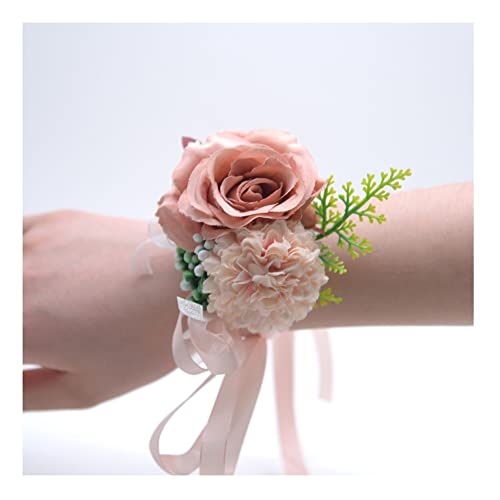 SHTGOI Rose Blumenarmband Braut Brautjungfer Hand Blume Schleifenband Handgelenkblume Handgefertigte Seidenblume Armband Zubehör für Hochzeit Bankette Brautjubiläum Abschlussball Kaffeefarbe von SHTGOI