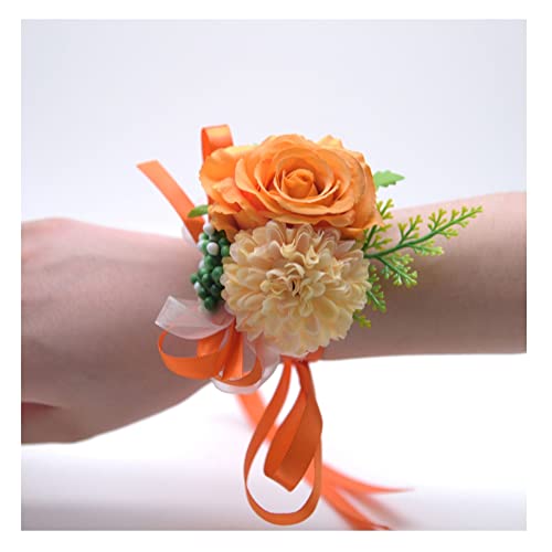 SHTGOI Rose Blumenarmband Braut Brautjungfer Hand Blume Schleifenband Handgelenkblume Handgefertigte Seidenblume Armband Zubehör für Hochzeit Bankette Brautjubiläum Abschlussball Orange von SHTGOI